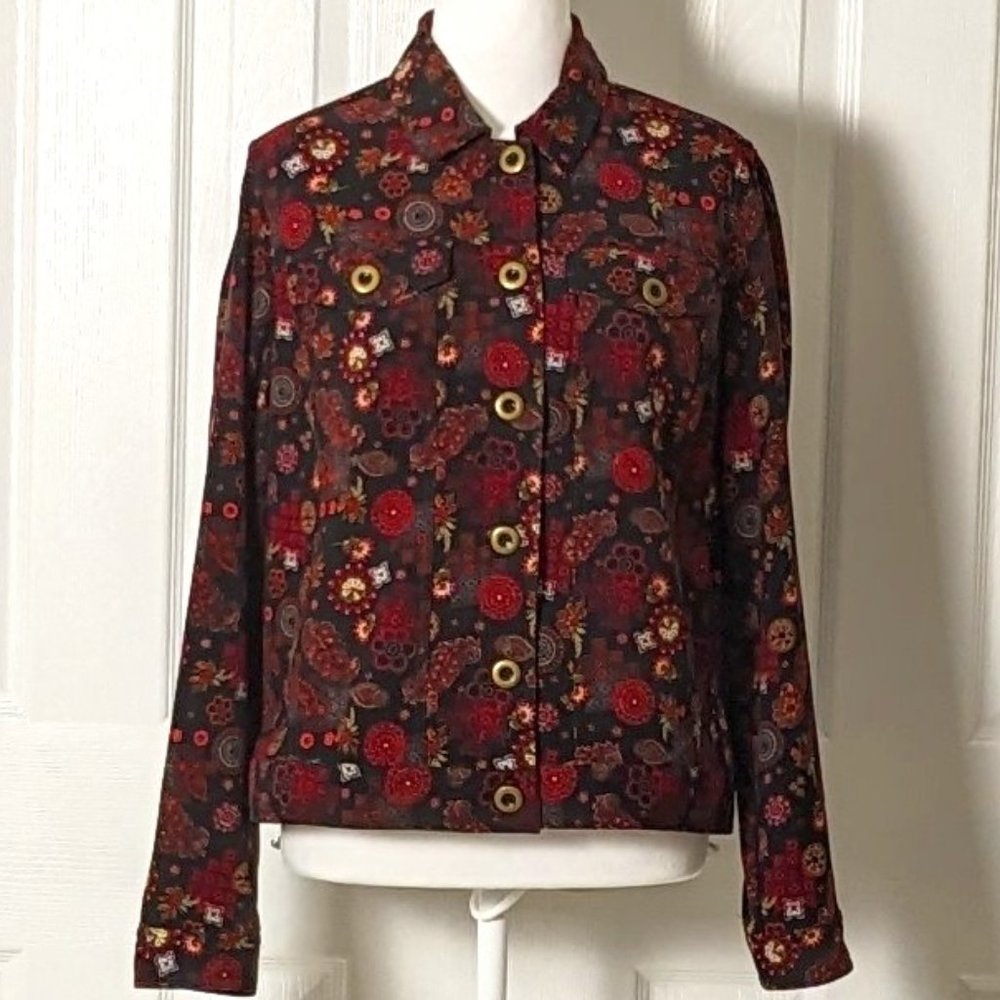 CHRISTOPHER & BANKS Women's Stretch Jean Jacket  Size S  Black Red Print